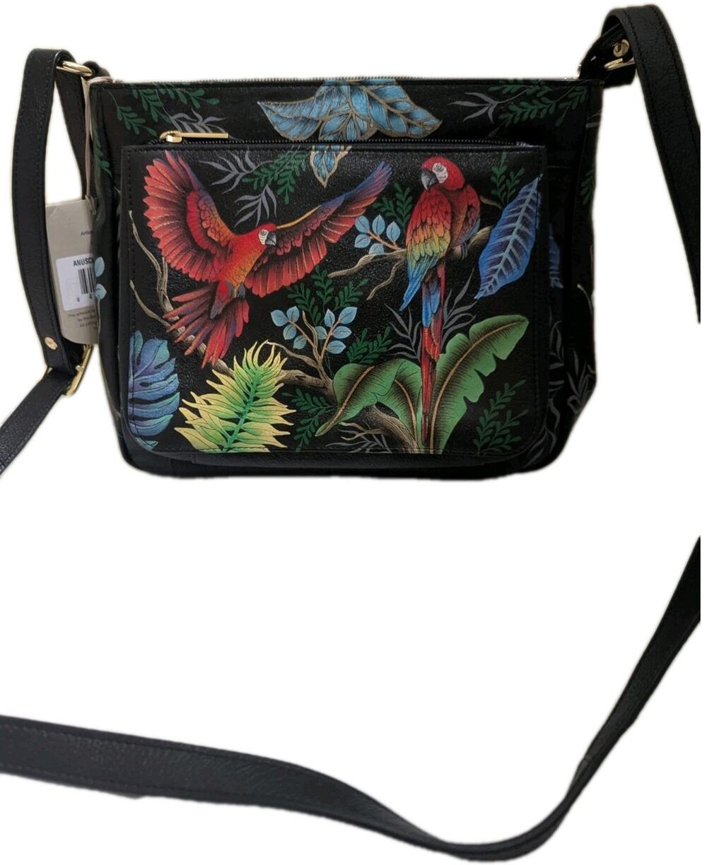 Anuschka Hand-Painted Leather Bag Purse Crossbody MACAW FOREST Parrot Bird